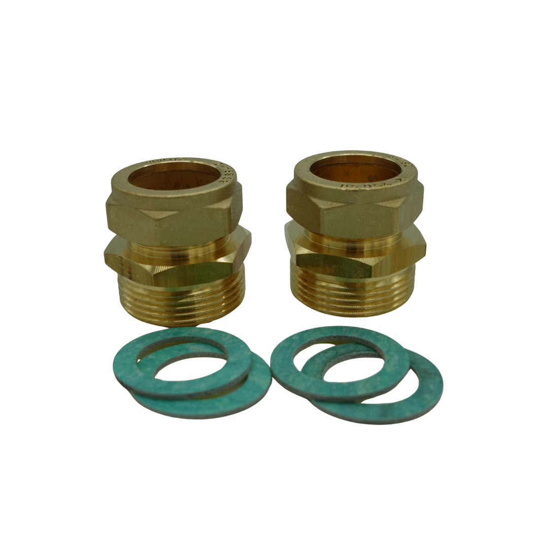 Two brass connectors with washers